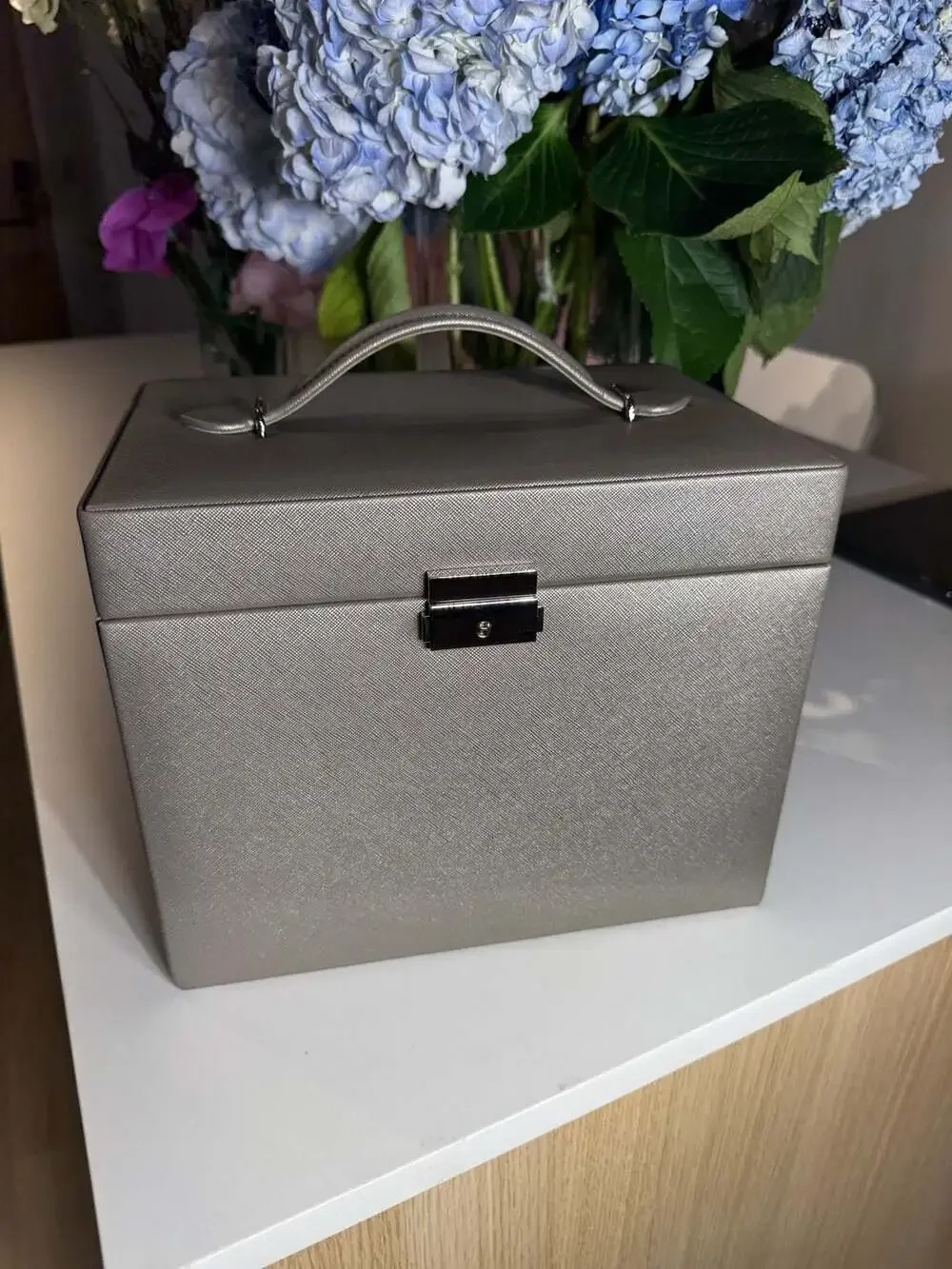 Wolf Heritage Large Jewelry Box in Pewter Saffiano